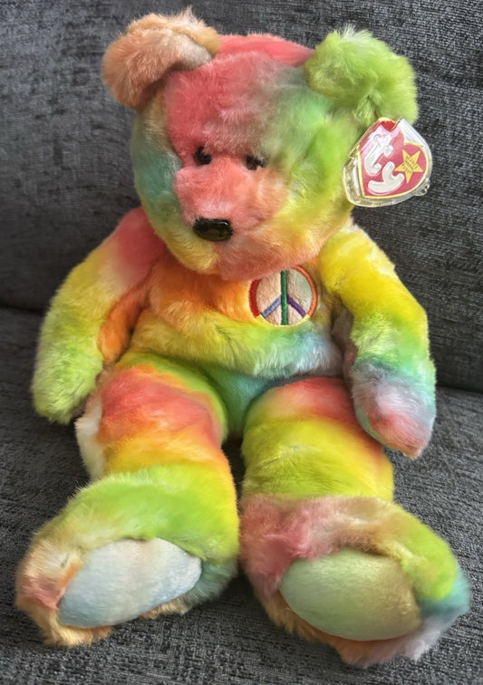-A TY BEANIE BABY BABIES WITH TAG BUDDY BUDDIES 1999 PEACE BEAR TIE DYE 14"